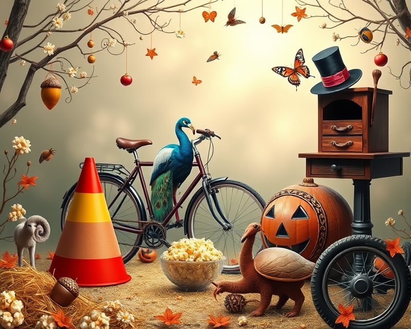 cone, bicycle, sheep, popcorn, flamingo, peacock, top hat, halloween, hay, acorn, heart, desk, snail, mailbox, butterfly, brown, tire